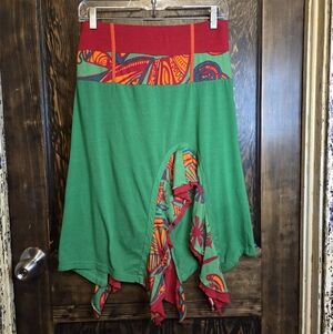 Coline 'Baba Cool' Green Asymmetrical Midi Skirt with Red Waistband EUC